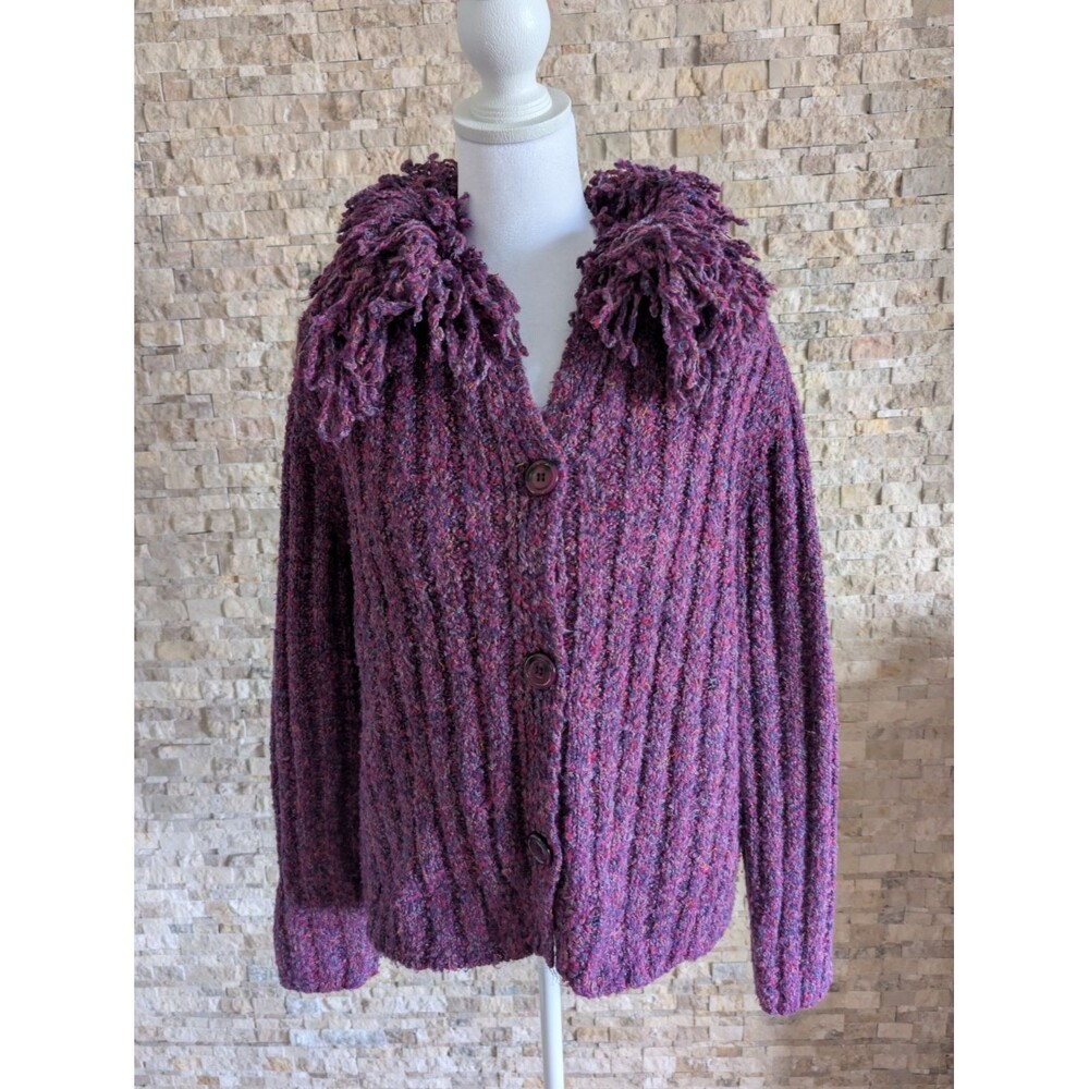 Retro Purple Marled Ribbed Cardigan Shaggy Fringe Loop Collar XL Quirky Kitsch